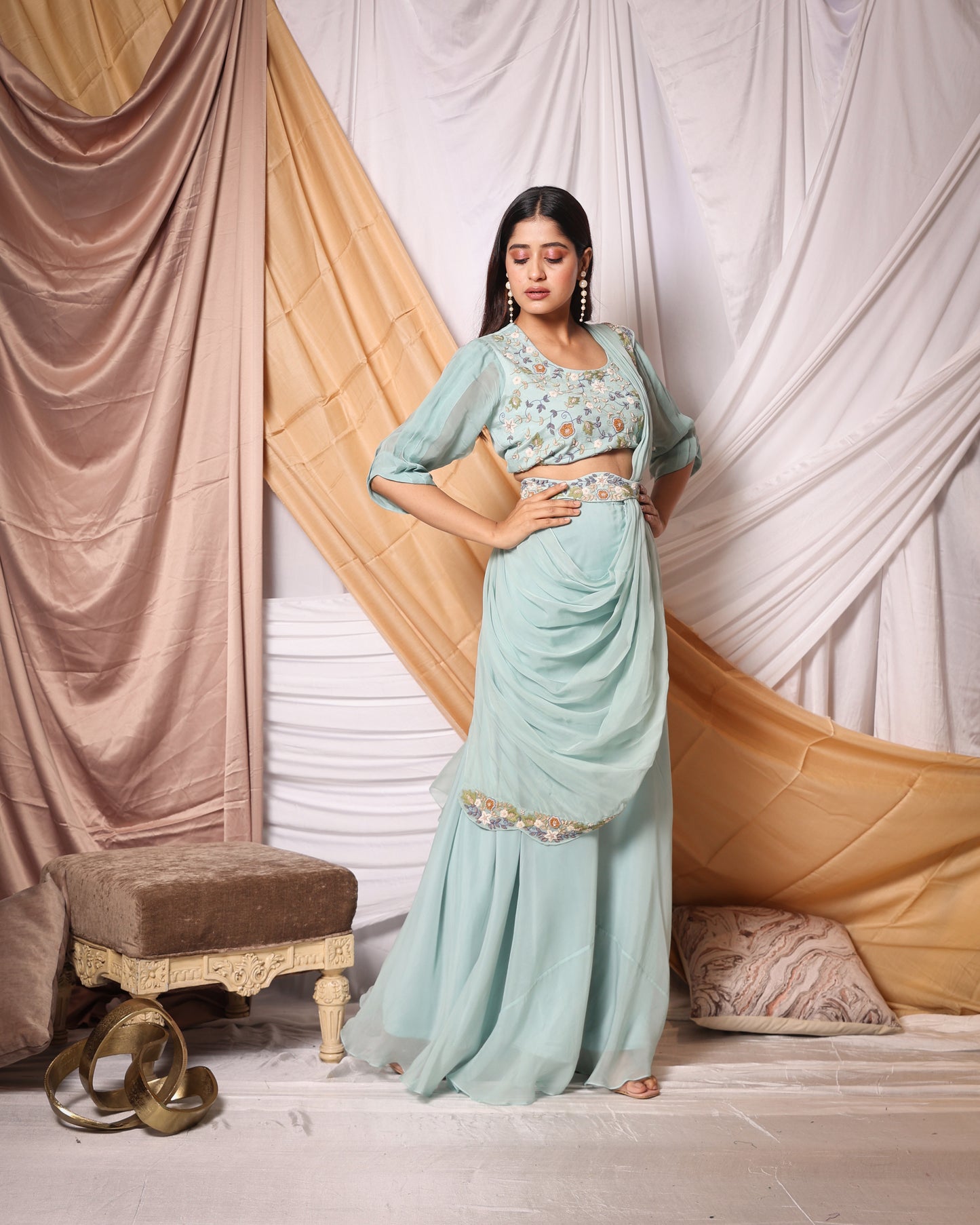 ZARDOSI WORK BLOUSE, DRAPED SAREE PATTERN- PALAZZO PANT AND EMBROIDERED BELT SET