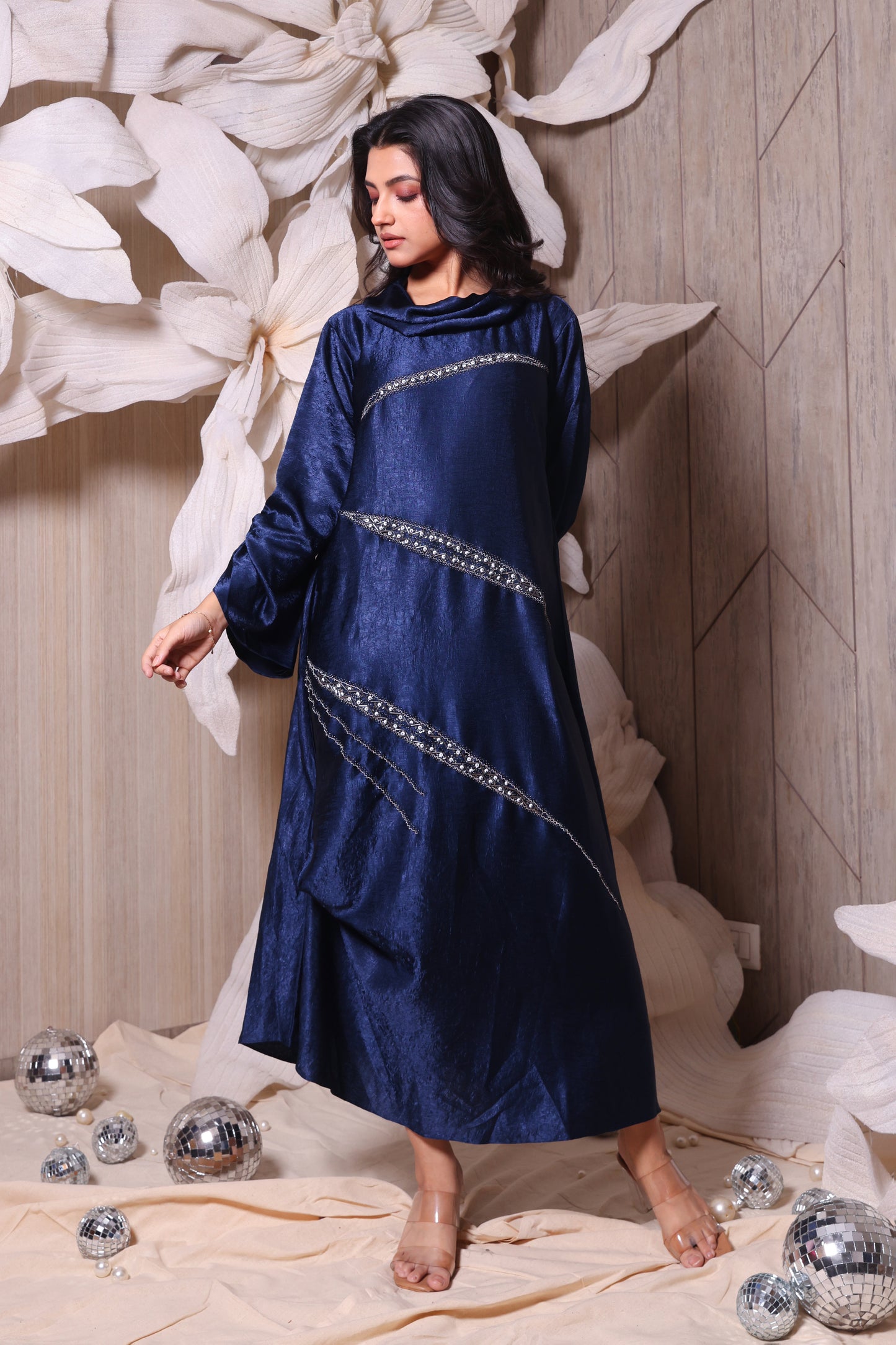 Cowl Navy Blue Oxidized Textured Indo Western Dress