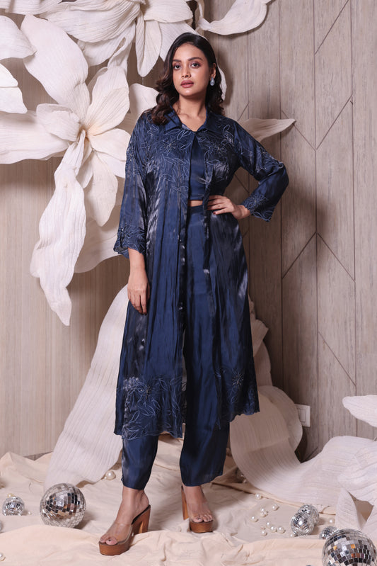 Navy Blue  Imported Tissue  Embroidered Three Piece Set