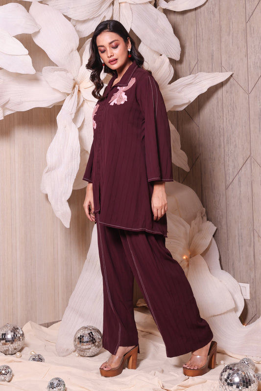Wine Red Textured  Thread Embroidered Co-ord Set