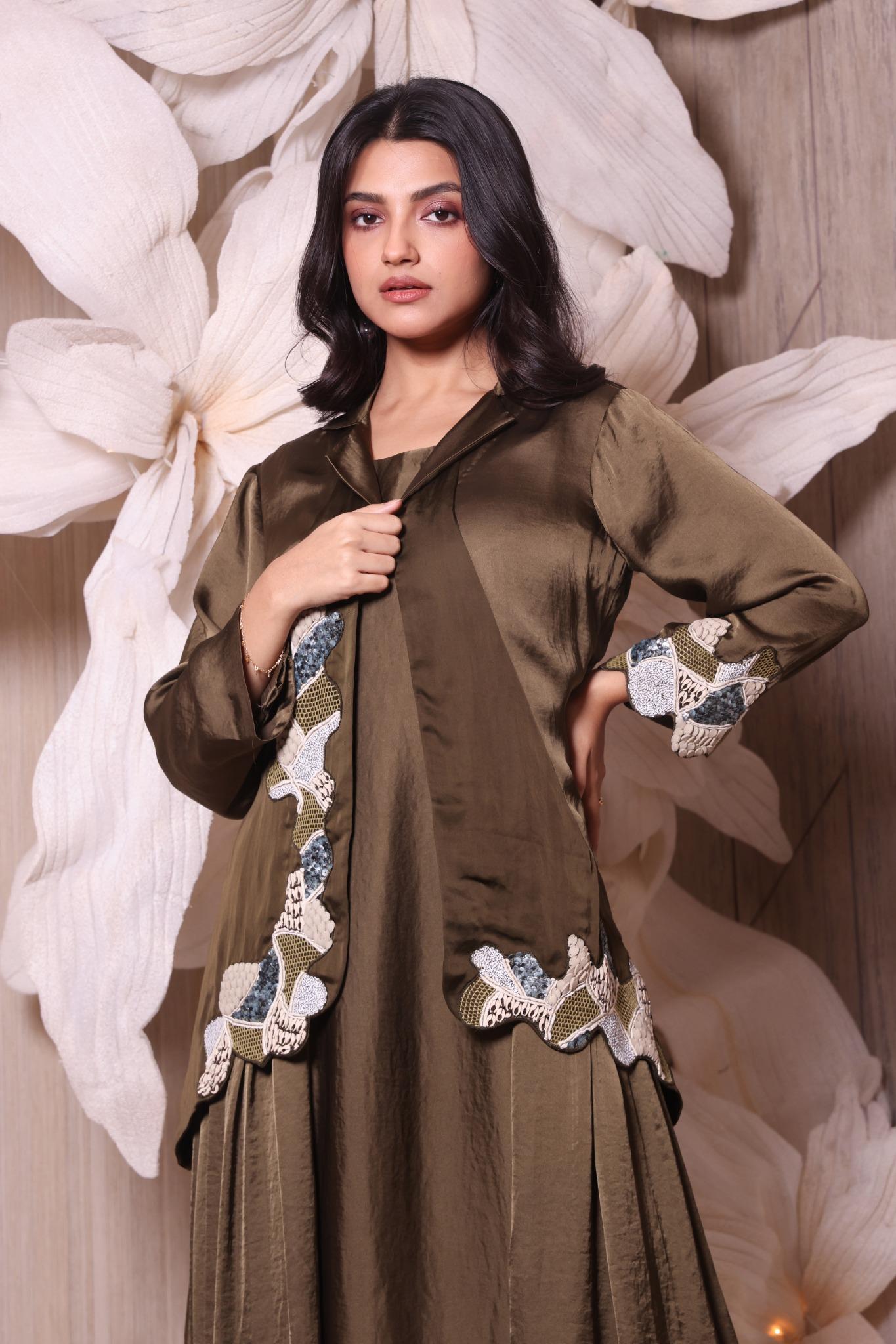 Olive Green Luxurious Combination Of Indo-Western Dress