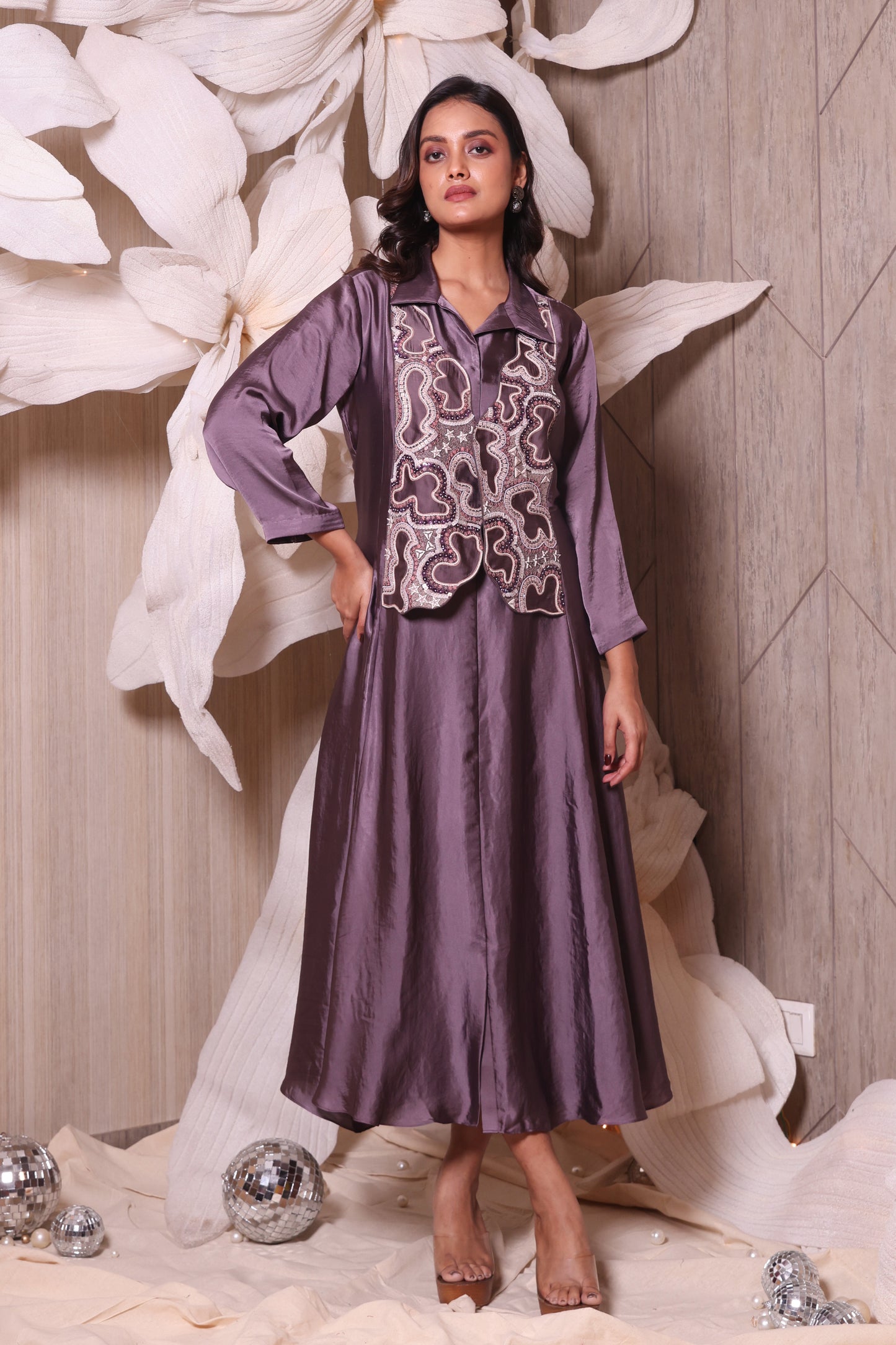 Shadow Effect Lavender Imported Cut Work Look Jacket Pattern Indo-Western Dress