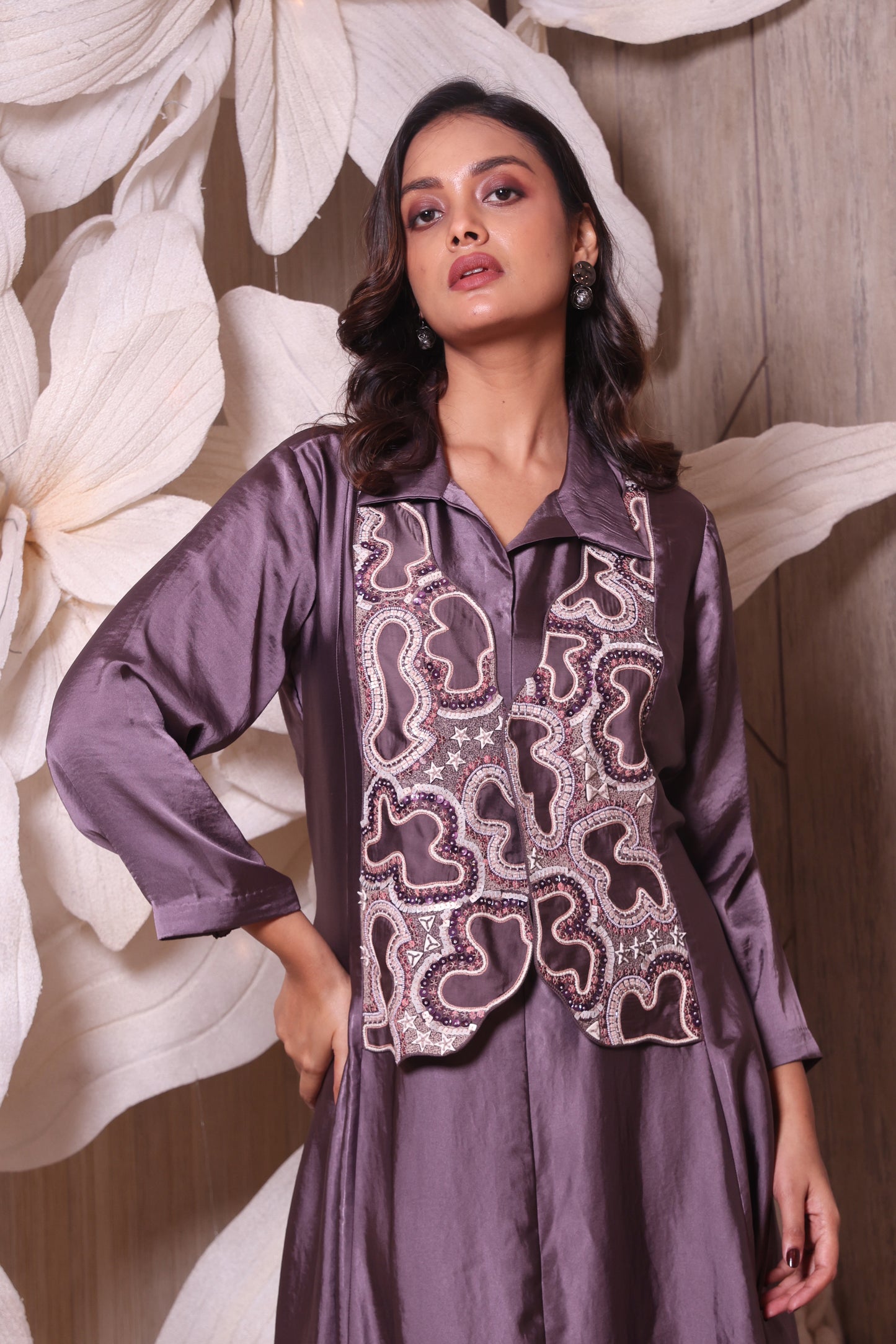 Shadow Effect Lavender Imported Cut Work Look Jacket Pattern Indo-Western Dress