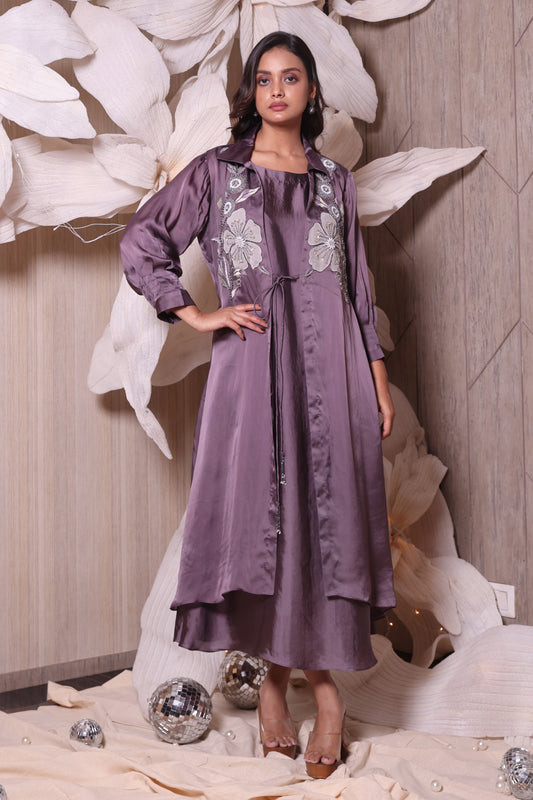Grey Satin Organza Jacket Style Indo Western Dress