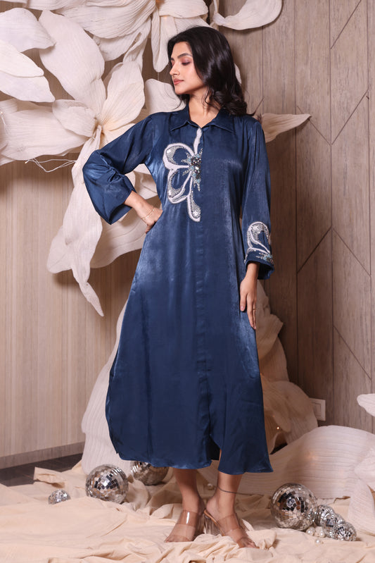Embroidered Beads Sanwa Swead Blue Dress