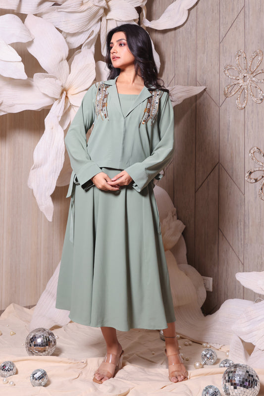 Mint Green Multi-Colored Beads Embroidered Jacket Style Dress