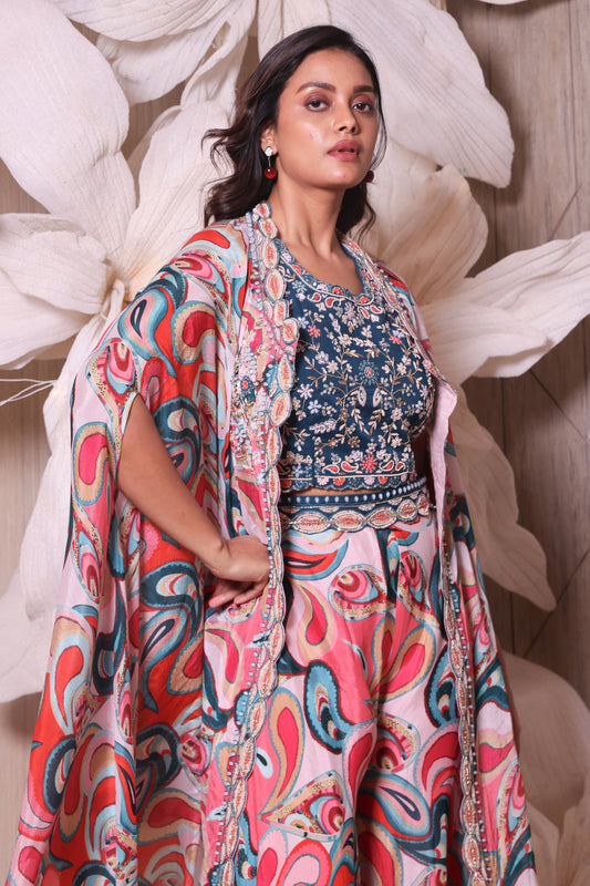 Digital Printed Chinon Sharara  Three Piece Set