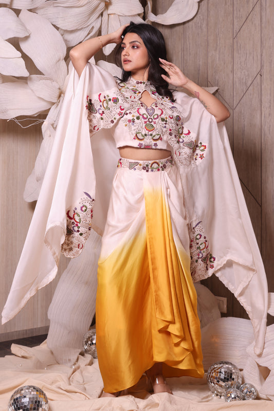 Off White Cape Zardozi Embraided Three Piece Set