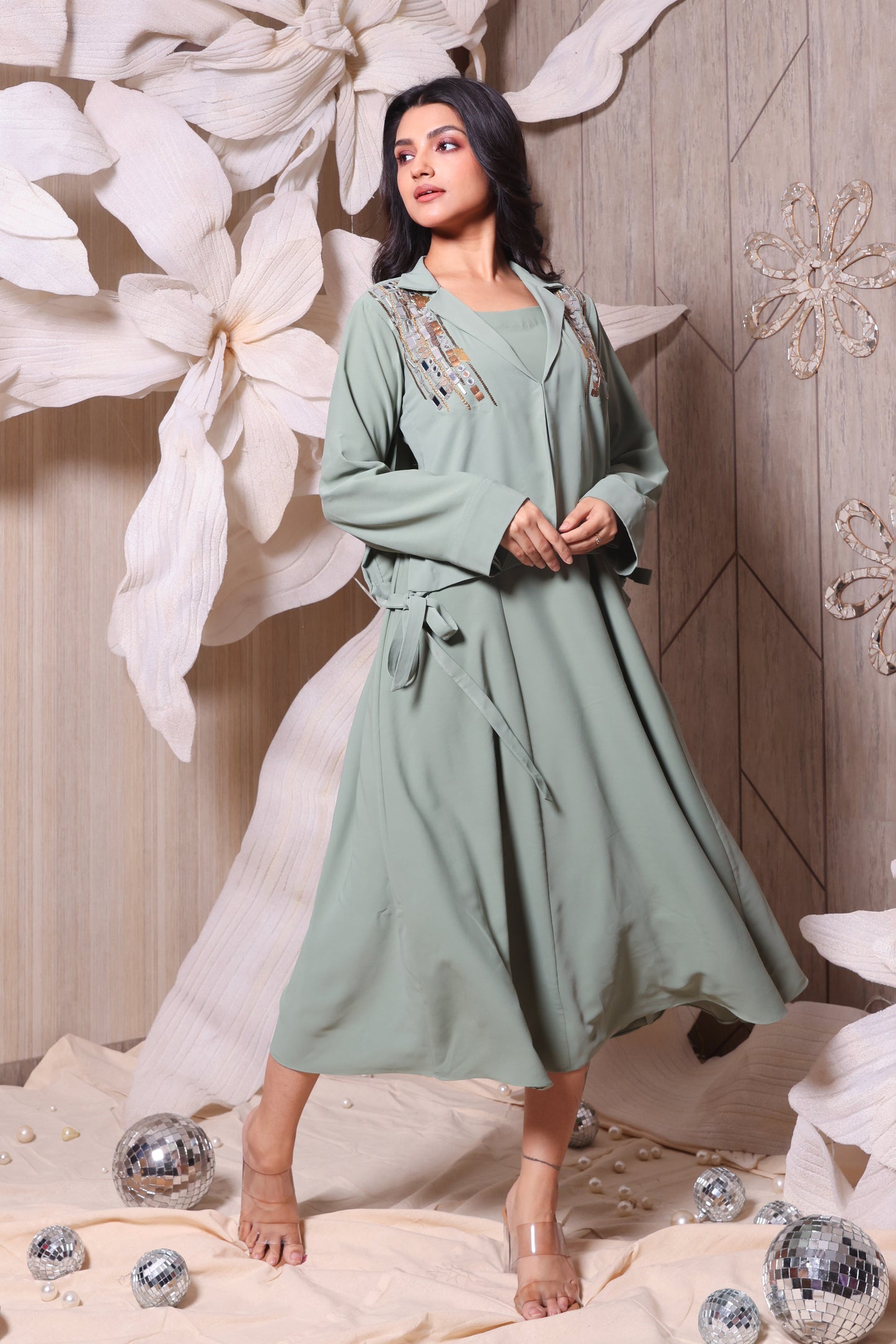 Mint Green Multi-Colored Beads Embroidered Jacket Style Dress