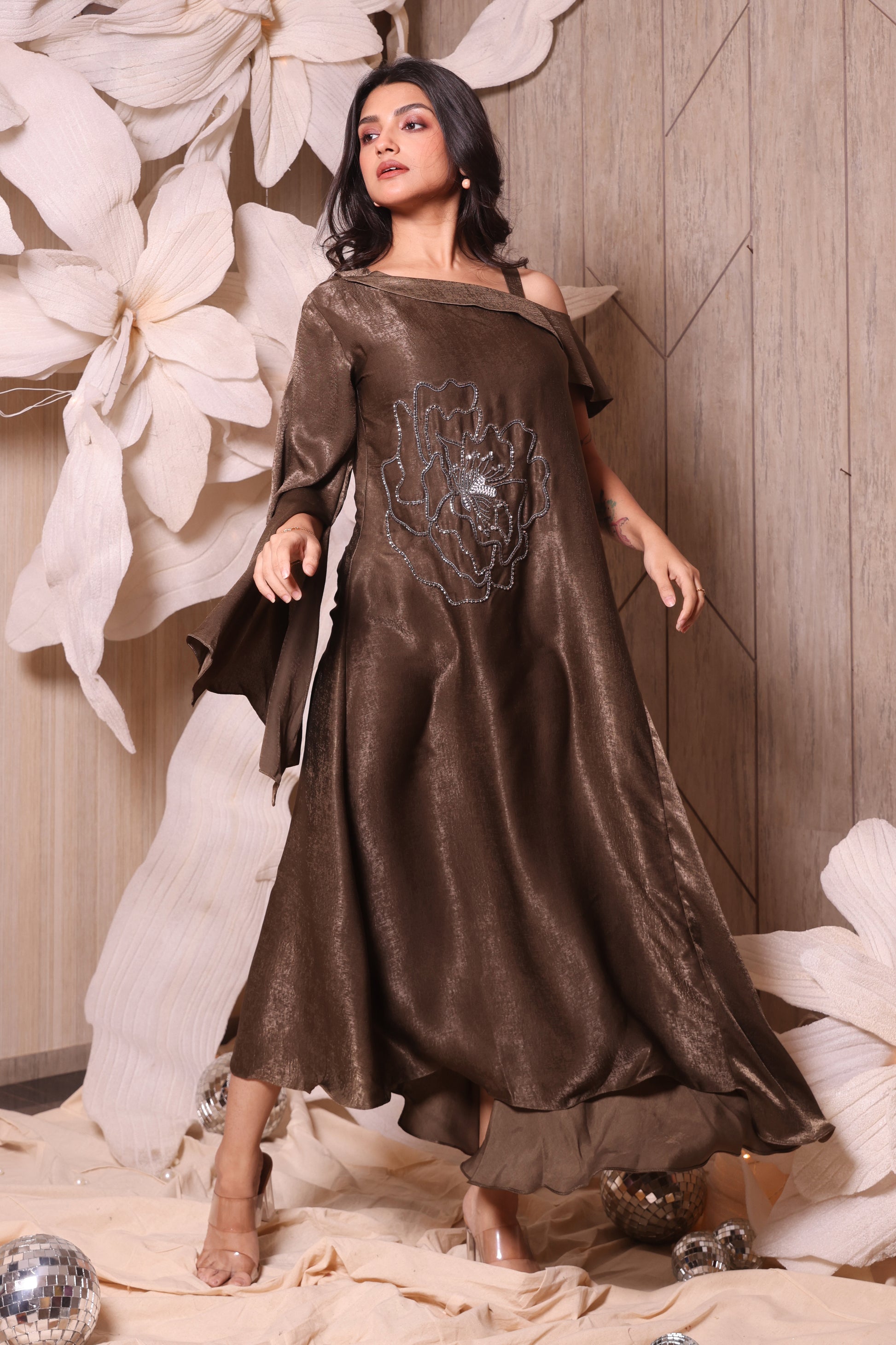 western off shoulder dress Off Shoulder Olive Indo Western Dress – houseoftrisha