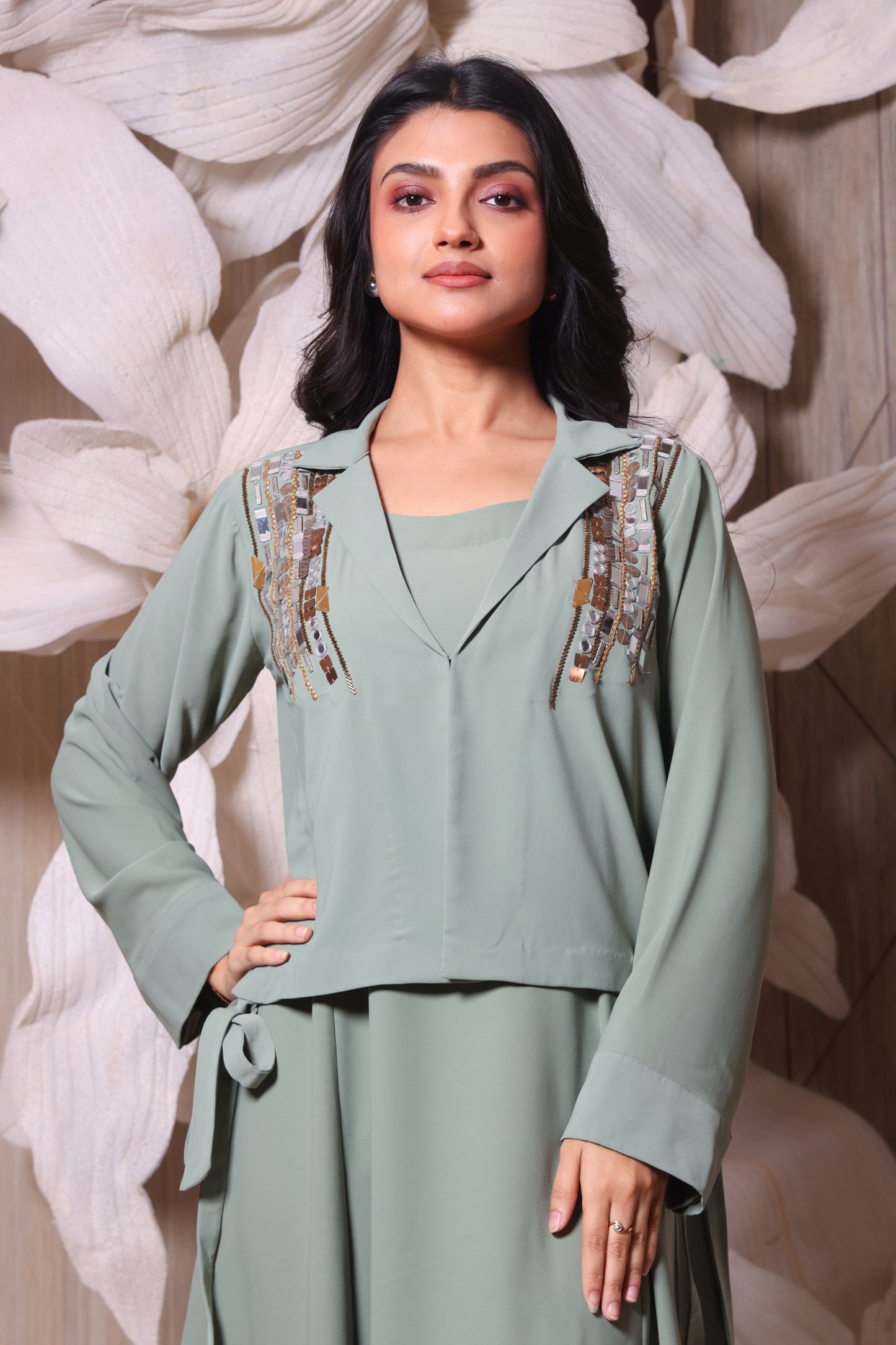 Mint Green Multi-Colored Beads Embroidered Jacket Style Dress