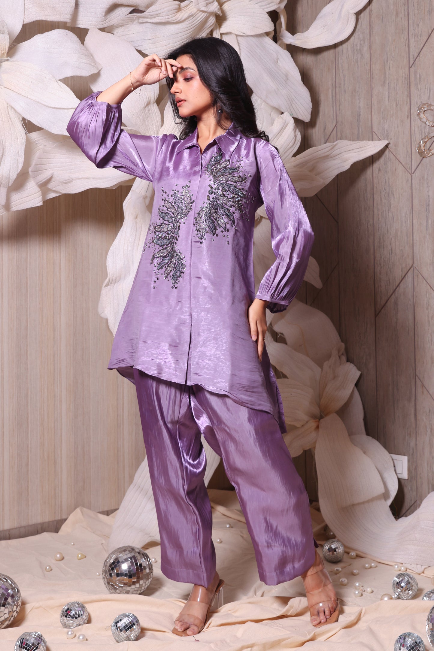 Lavender Imported Tissue With Oxidized Embroidered Co-ord Set