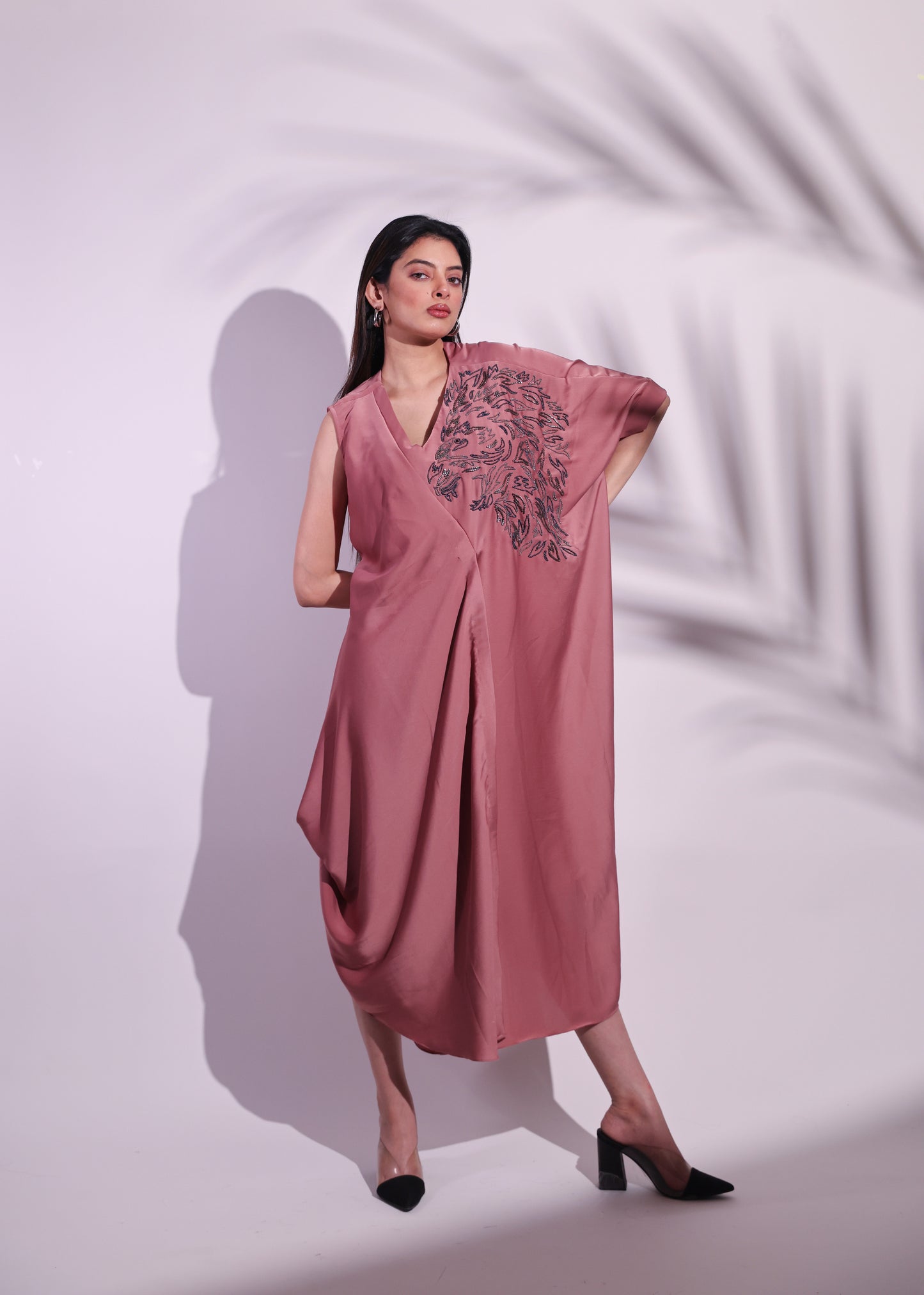 GEOMETRIC ONE-SHOULDER COWL KAFTAN DRESS