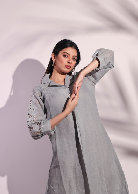 LUXURY A-LINE LINEN FROCK WITH COAT COLLAR