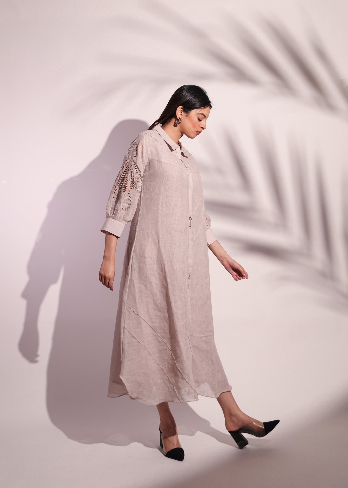 LUXURY A-LINE LINEN FROCK WITH SHIRT COLLAR