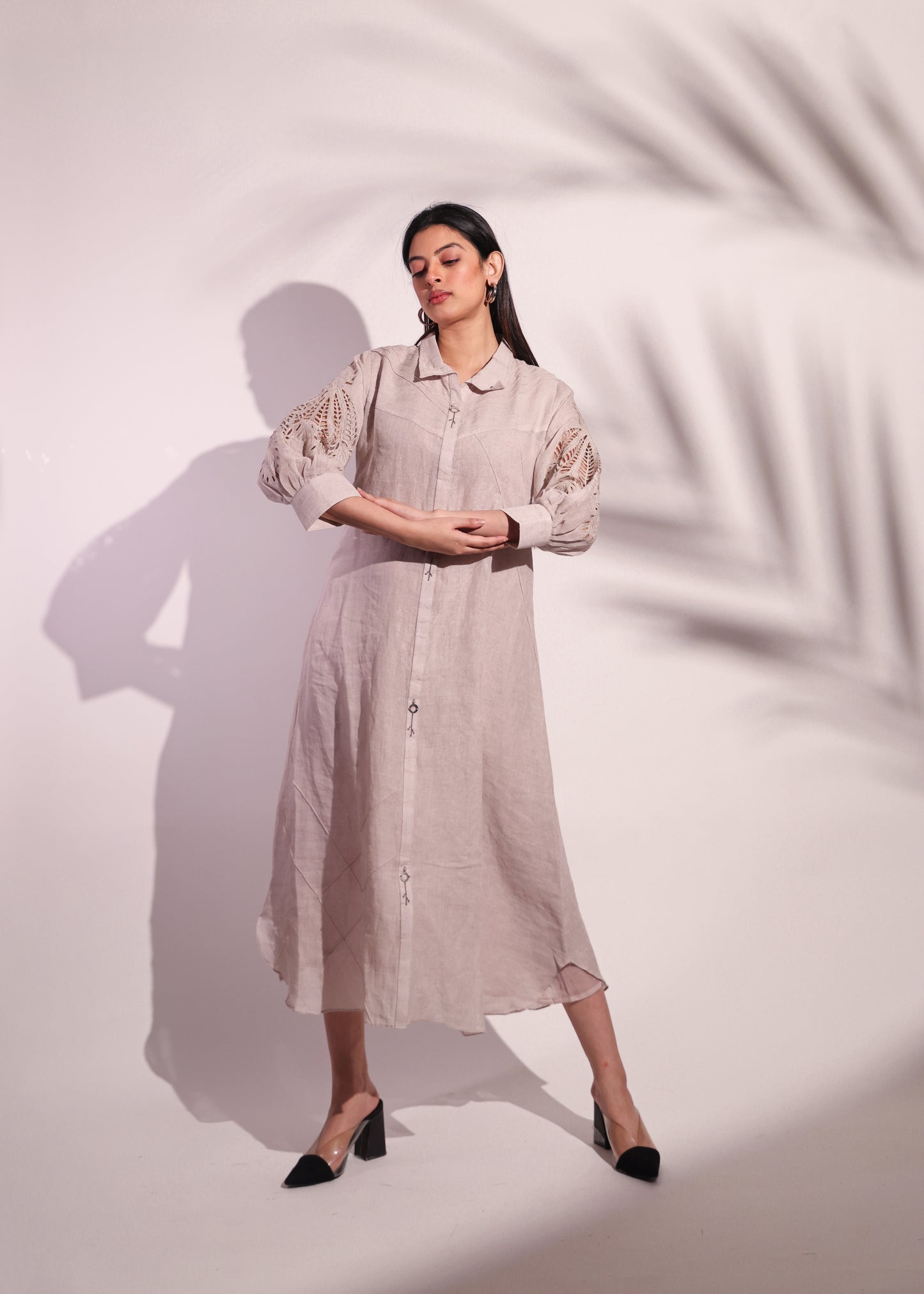 LUXURY A-LINE LINEN FROCK WITH SHIRT COLLAR