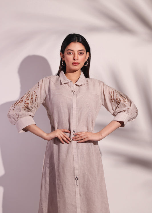 LUXURY A-LINE LINEN FROCK WITH SHIRT COLLAR