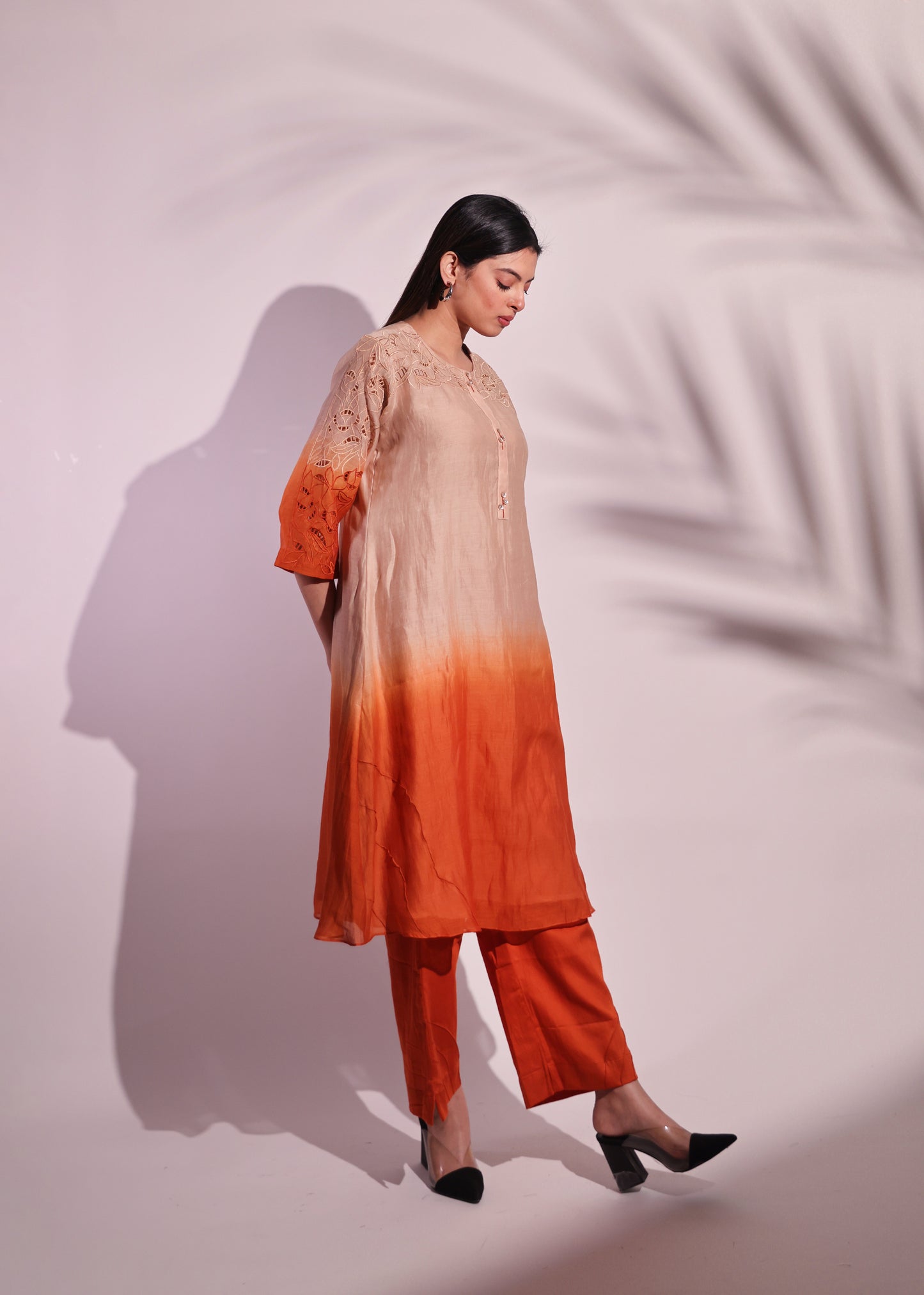 OMBRE ORANGE TUNIC SET WITH EMBROIDERED SHOULDER