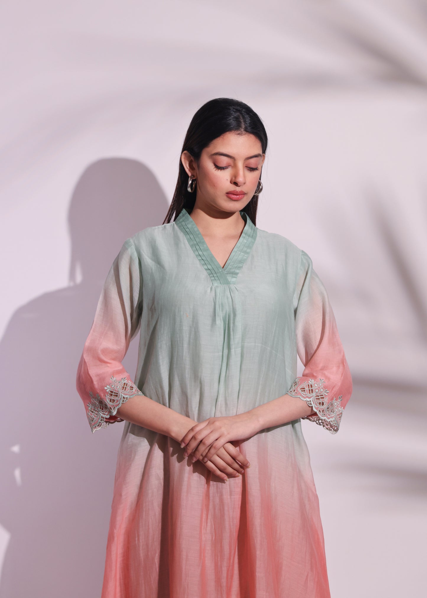 OMBRE PEACH GREEN TUNIC SET WITH EMBROIDERED SLEEVES