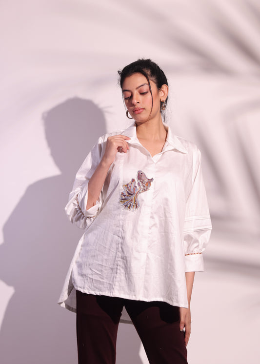 FISH EMBROIDERED PATCHWORK SHIRT