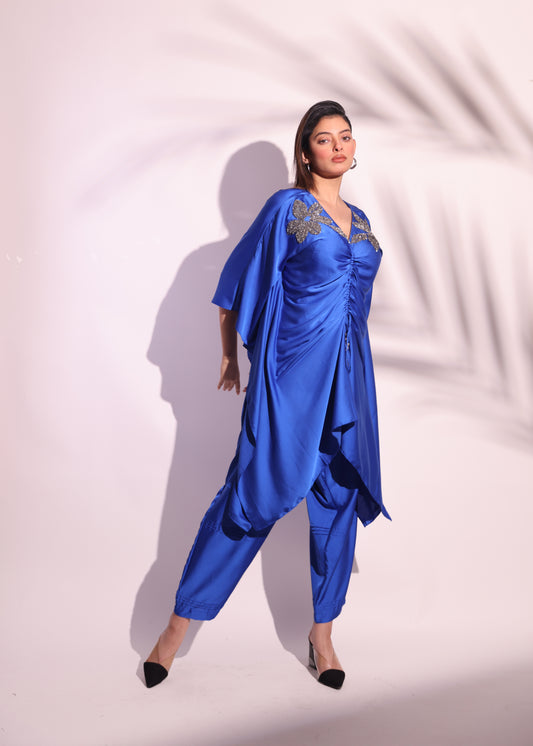 ROYAL BLUE GATHERED KAFTAN SET WITH FLORAL EMBROIDERY