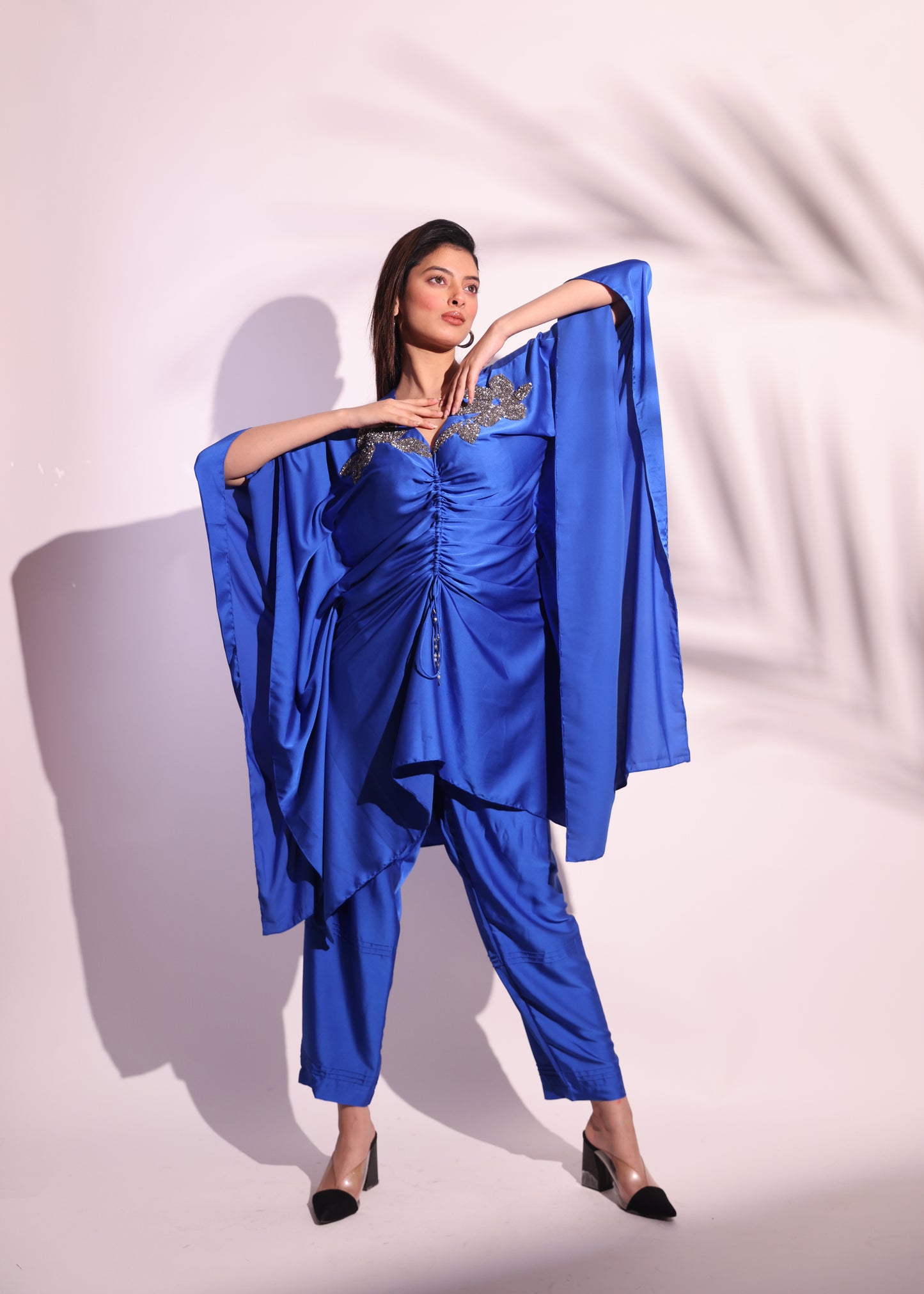 ROYAL BLUE GATHERED KAFTAN SET WITH FLORAL EMBROIDERY