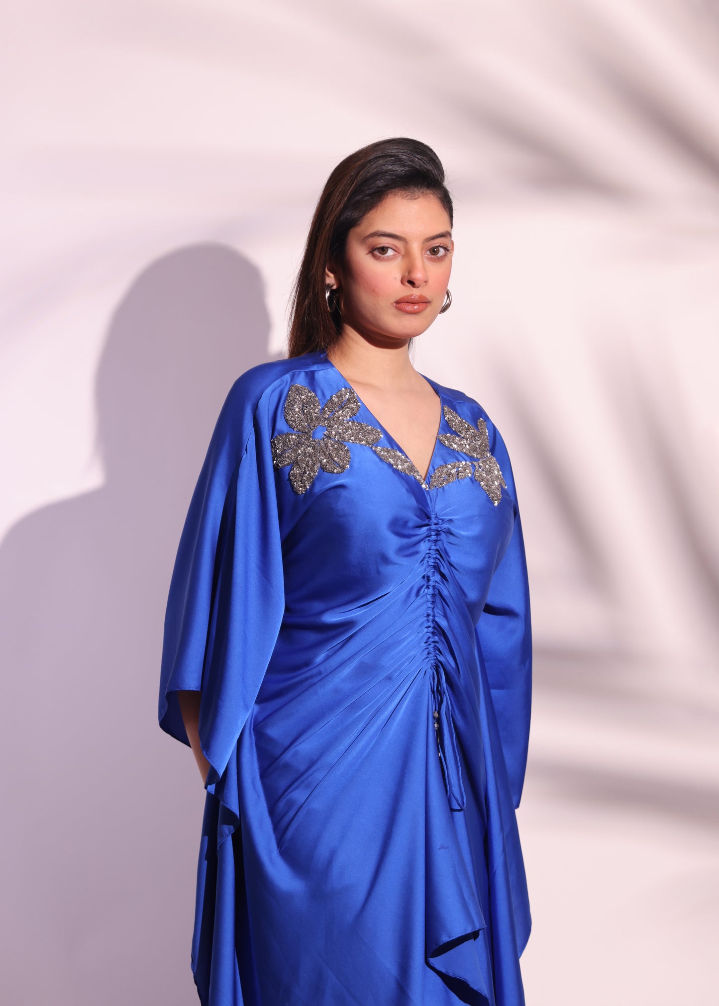 ROYAL BLUE GATHERED KAFTAN SET WITH FLORAL EMBROIDERY