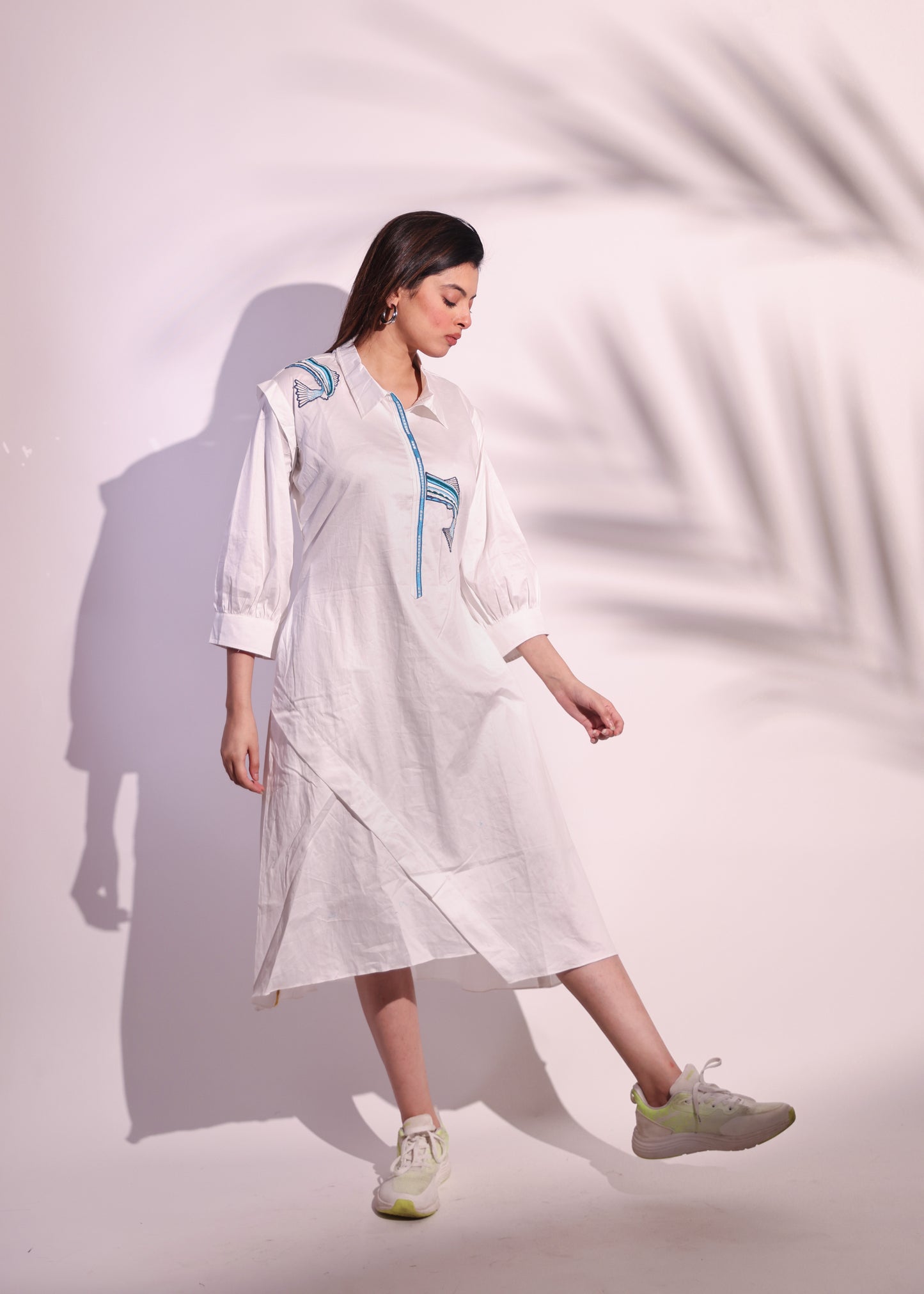 FISH EMBROIDERED A-LINE COTTON FROCK